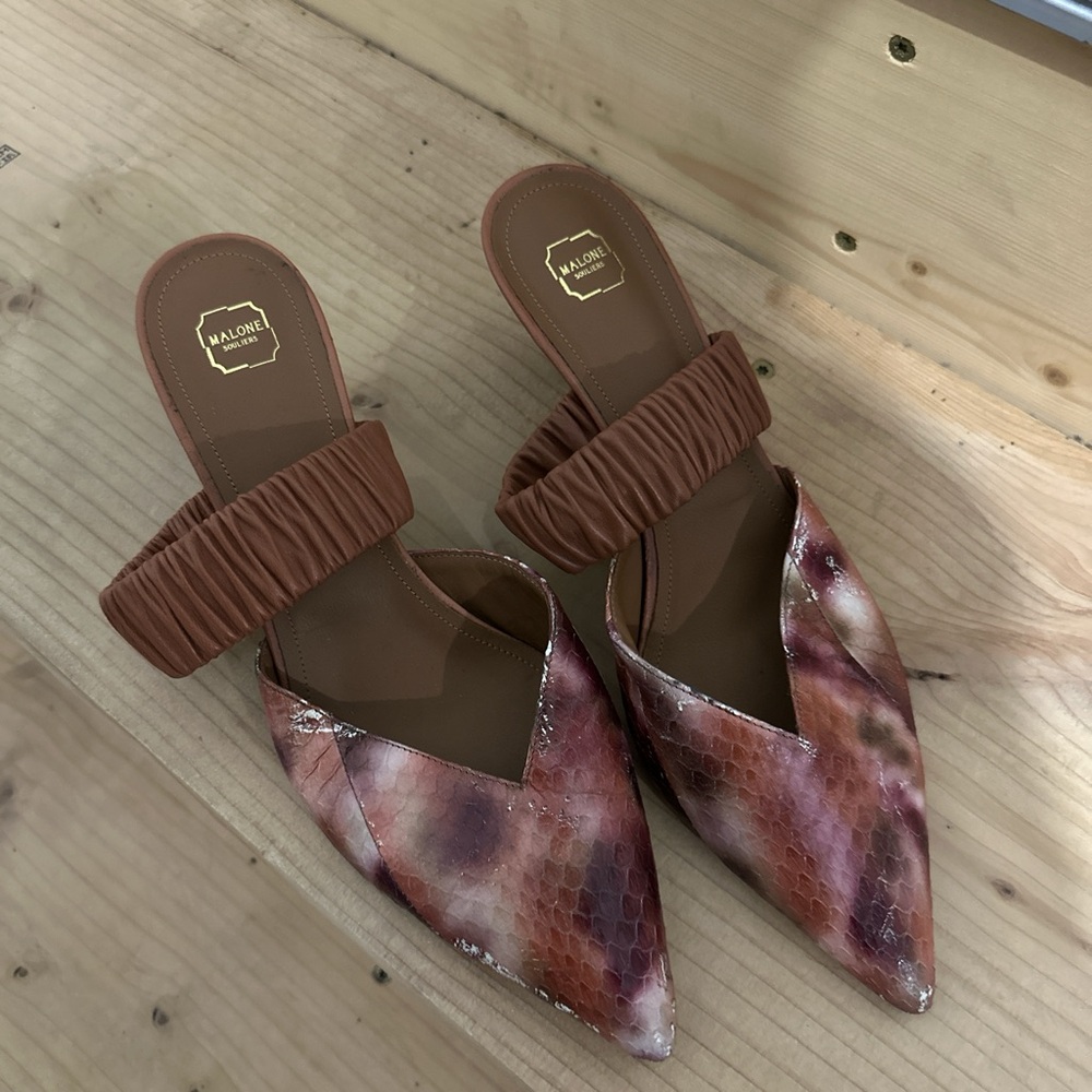 Malone Souliers Pink and brown snakeskin print mules